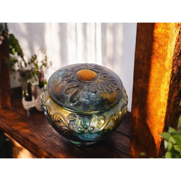 Antique Glazed Ceramic Jar with Lid Bohemian Rustic Decor 6" Tall - Picture 3 of 9